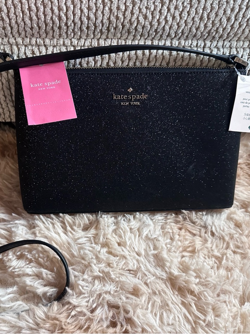 Kate Spade Black Glitter Crossbody with Gold Logo